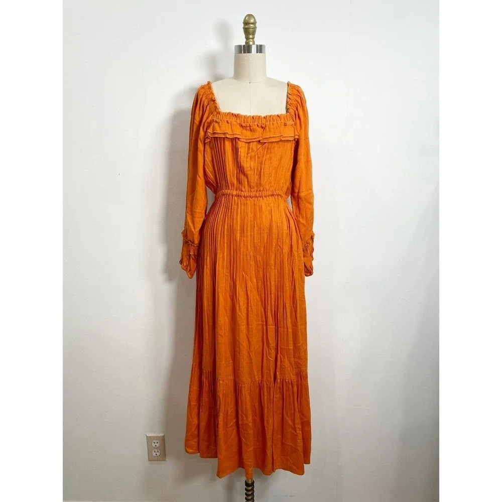 Nicholas 6 S Pleated Prairie Dress Deep Orange Linen Puff Sleeve Midi Ruffle New - Picture 2 of 8